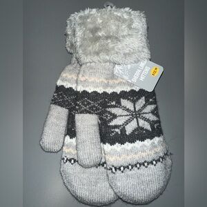 Winter Sherpa Lined Snowflake Knit Mettens, Dark Light Gray/light Gray -One Size